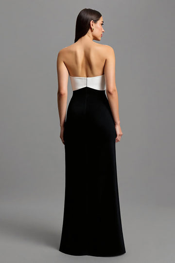Strapless Black and White Patchwork Long Formal Dress with Bow